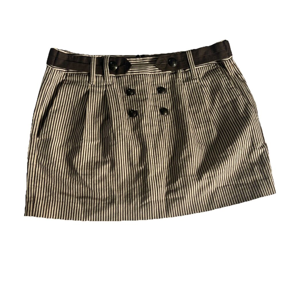 BCBGMAXAZRIA Striped Micro Mini Skirt Brown Buttons Size 4 Twee Office Siren